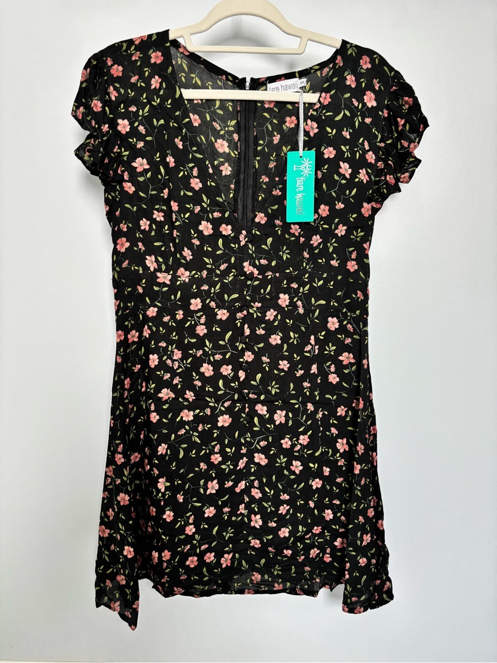 Tiare Hawaii Black Mini Dress with Pink Floral Print